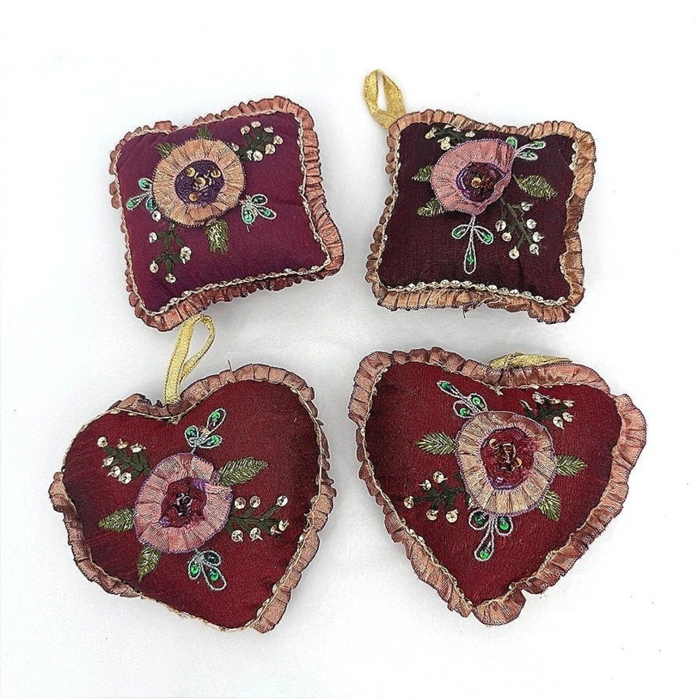 Victorian Style Christmas Ornaments Embroidered Floral Sequin Silk Heart Square